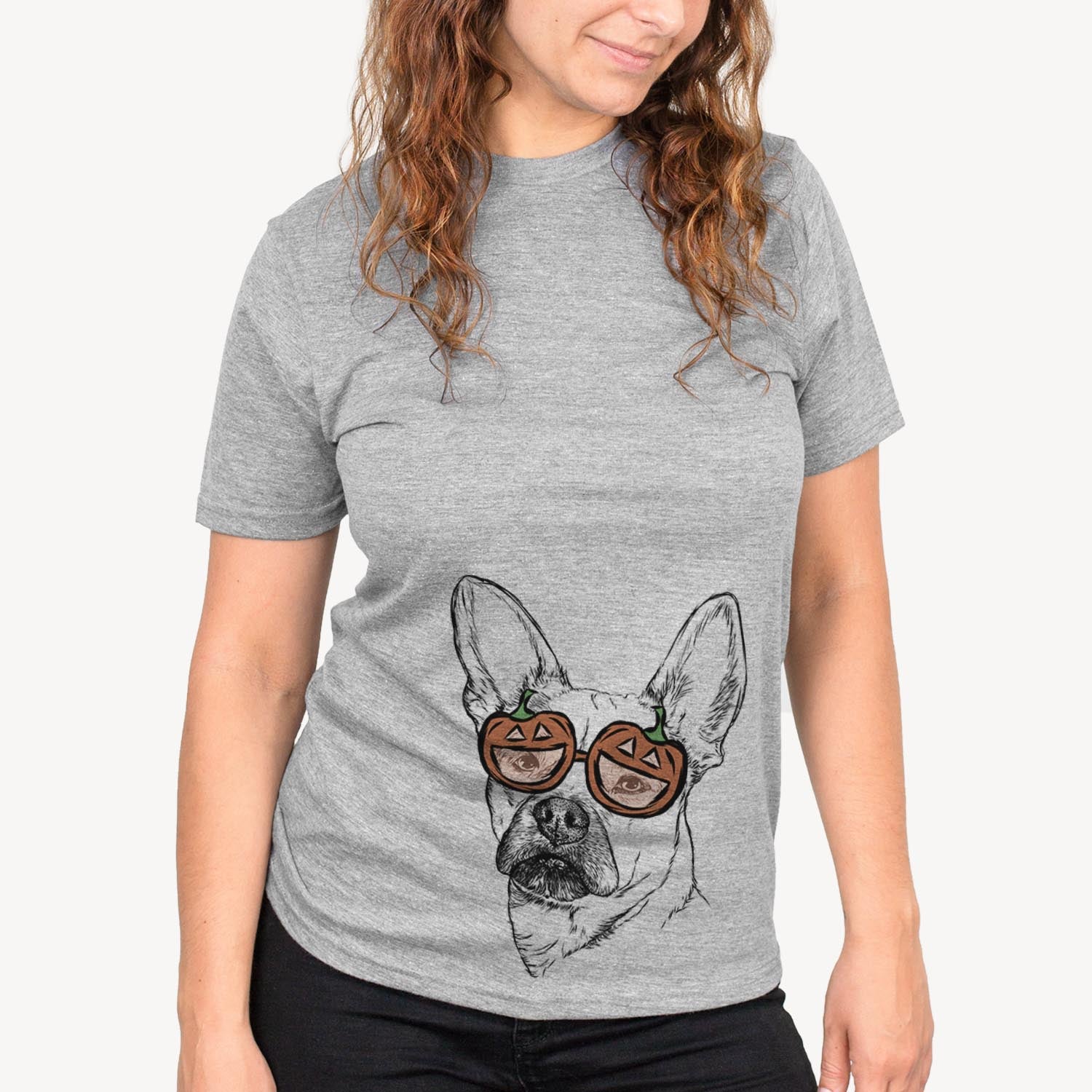 Hand-drawn sketch of Frankie the Mixed Breed wearing pumpkin glasses on a Grey pumpkin collection, on a hanger