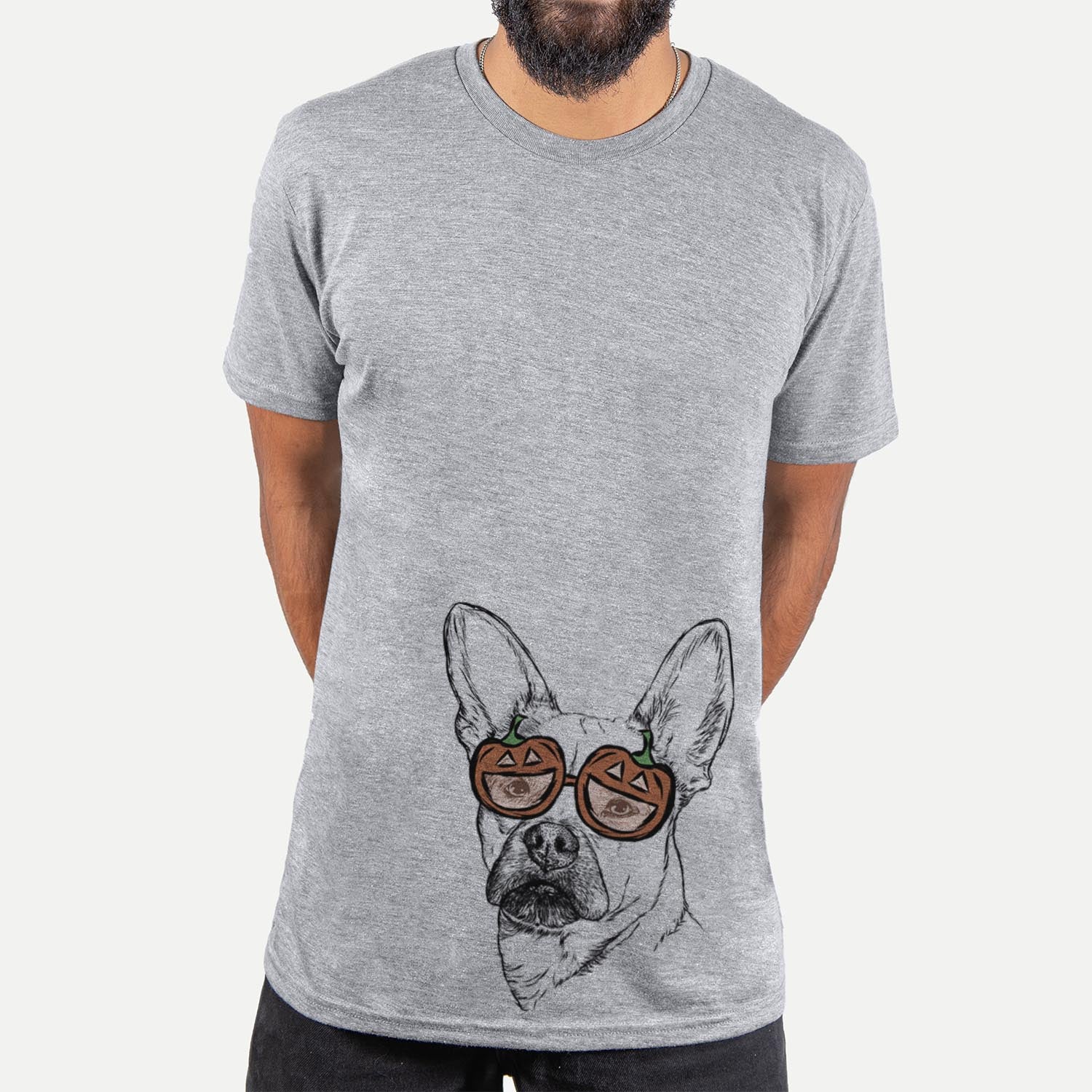 Hand-drawn sketch of Frankie the Mixed Breed wearing pumpkin glasses on a Grey pumpkin collection, hanging on a wall