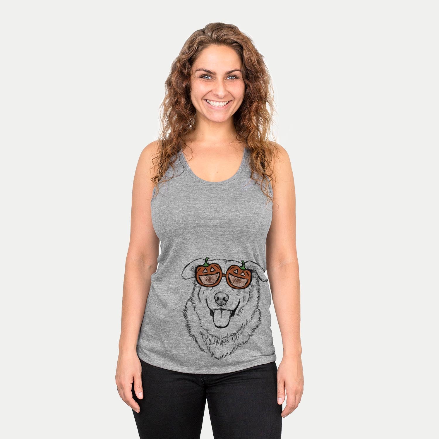 Hand-drawn sketch of Freeley the Mixed Breed wearing pumpkin glasses on a Grey pumpkin collection