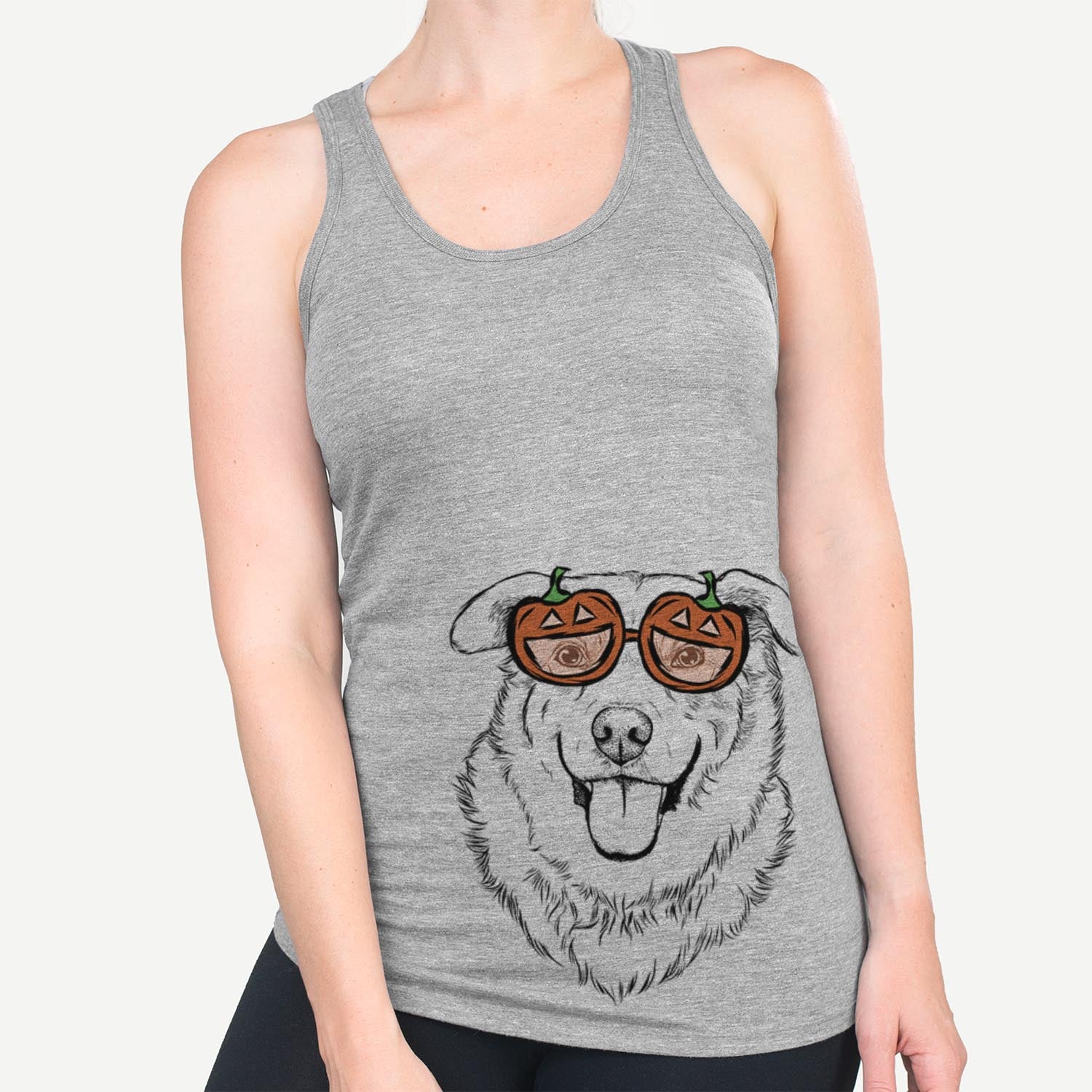 Hand-drawn sketch of Freeley the Mixed Breed wearing pumpkin glasses on a Grey pumpkin collection