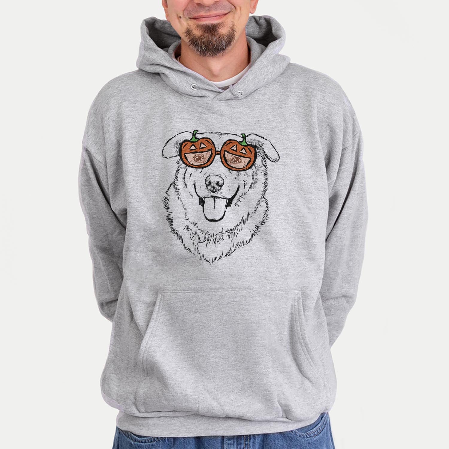Hand-drawn sketch of Freeley the Mixed Breed wearing pumpkin glasses on a Grey pumpkin collection, hanging on a wall