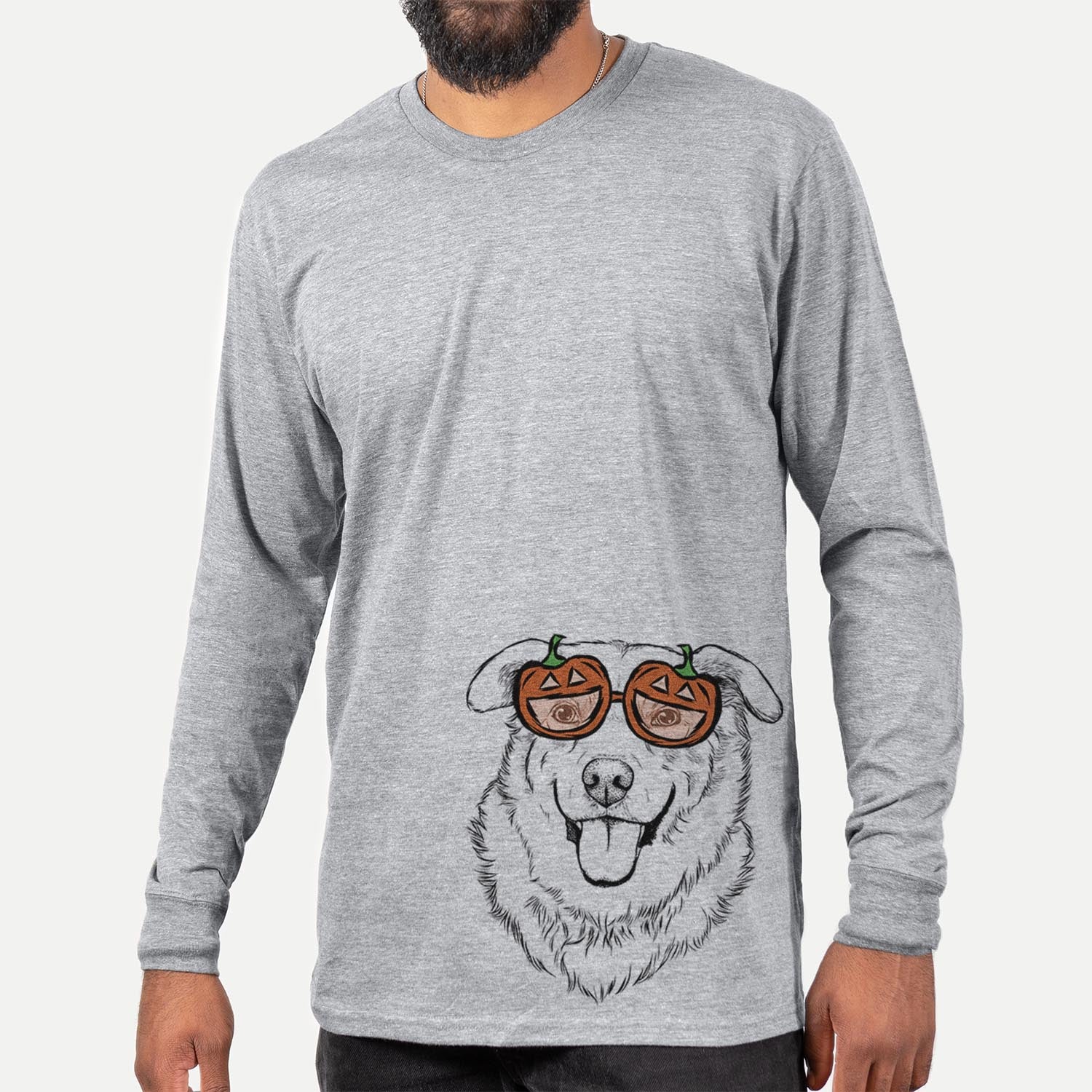 Hand-drawn sketch of Freeley the Mixed Breed wearing pumpkin glasses on a Grey pumpkin collection, hanging on a wall