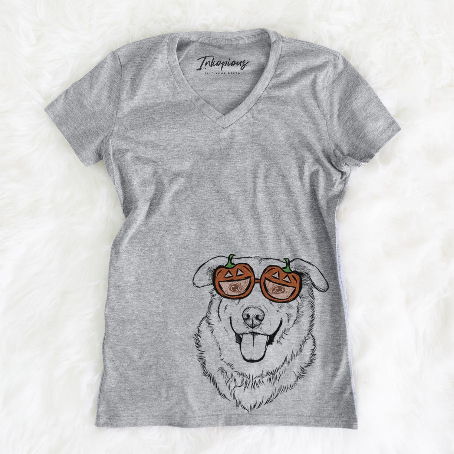 Hand-drawn sketch of Freeley the Mixed Breed wearing pumpkin glasses on a Grey pumpkin collection, on a hanger