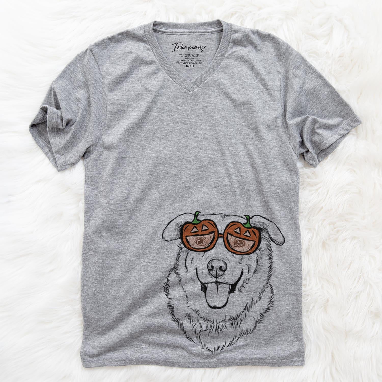 Hand-drawn sketch of Freeley the Mixed Breed wearing pumpkin glasses on a Grey pumpkin collection
