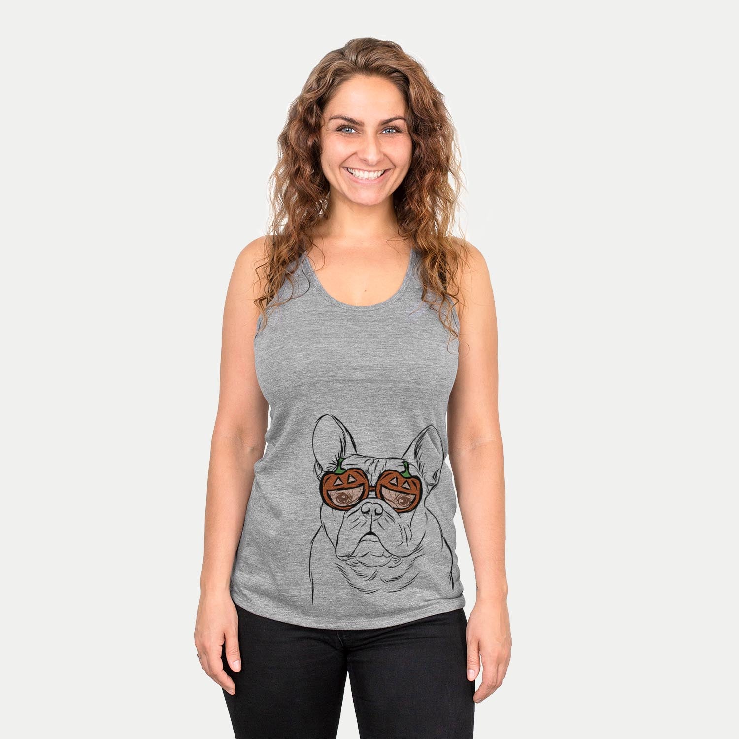 Hand-drawn sketch of Fudge the French Bulldog wearing pumpkin glasses on a Grey pumpkin collection