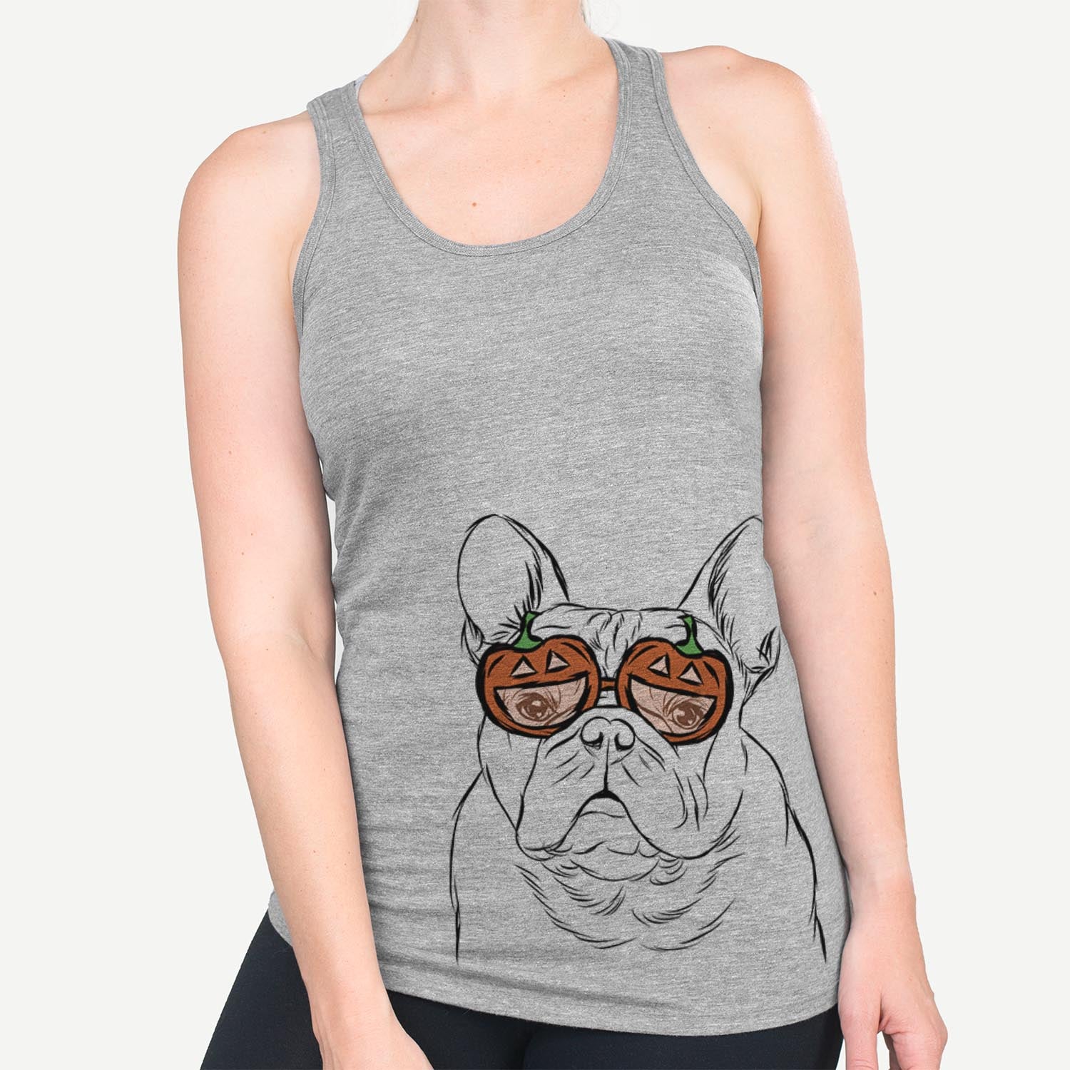 Hand-drawn sketch of Fudge the French Bulldog wearing pumpkin glasses on a Grey pumpkin collection