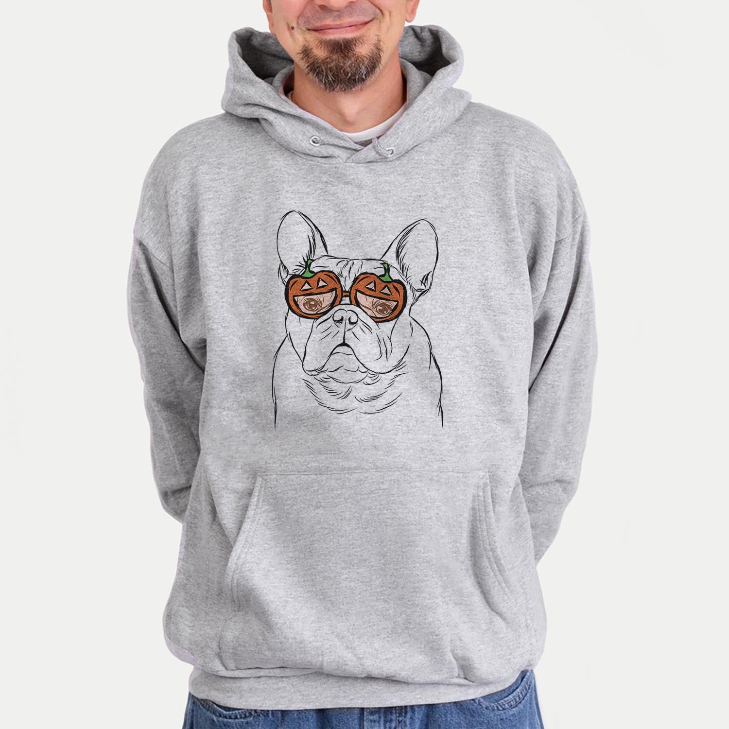 Hand-drawn sketch of Fudge the French Bulldog wearing pumpkin glasses on a Grey pumpkin collection, hanging on a wall
