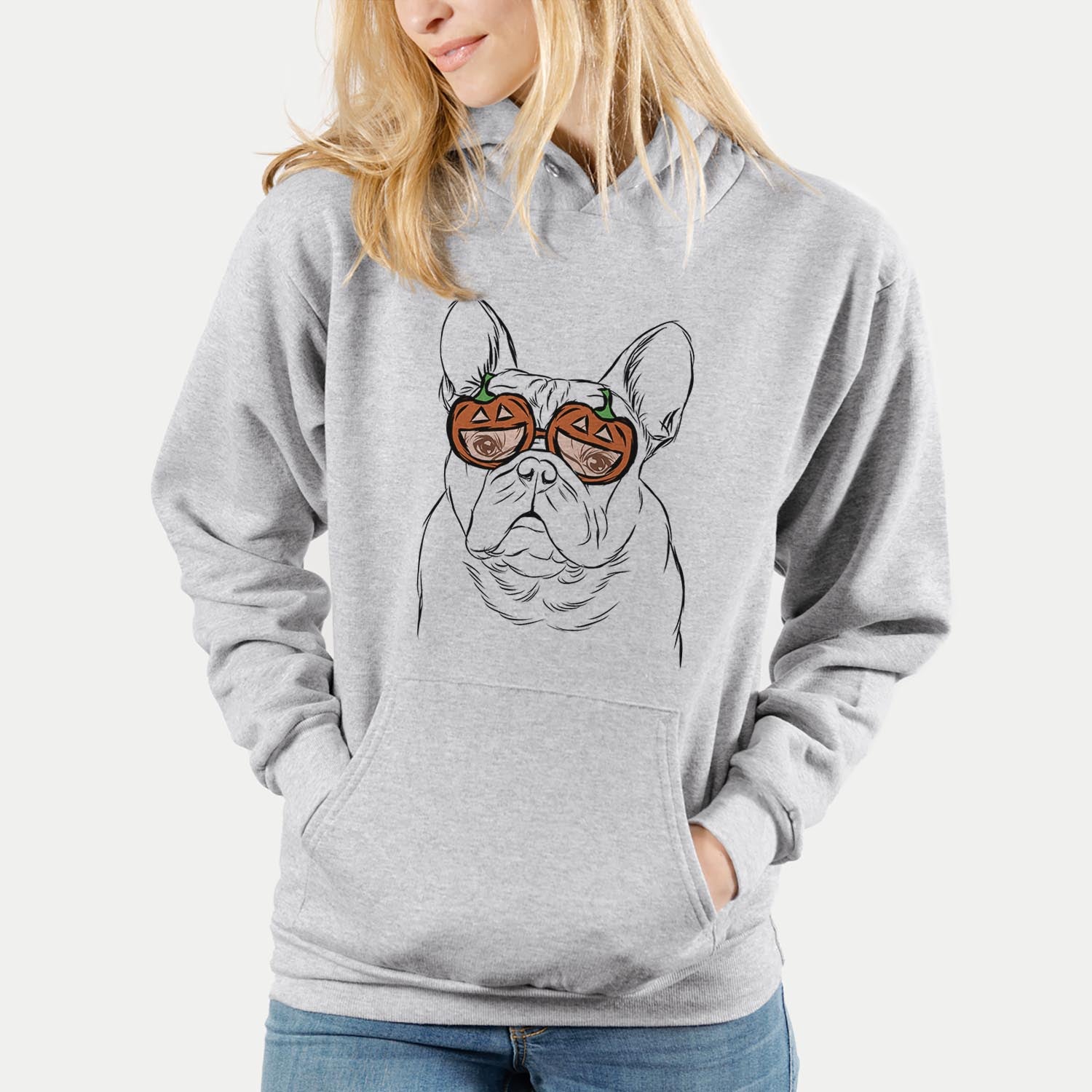 Hand-drawn sketch of Fudge the French Bulldog wearing pumpkin glasses on a Grey pumpkin collection