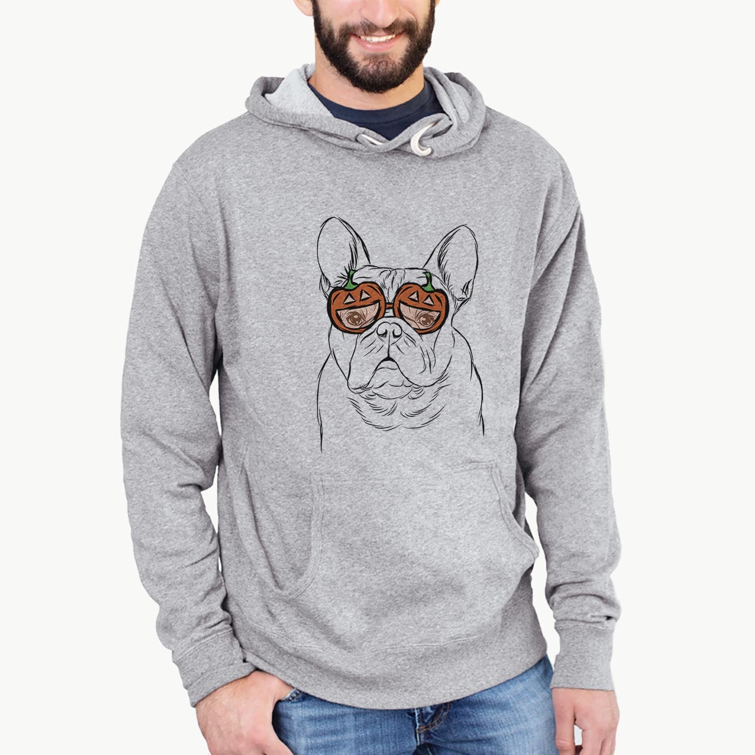 Hand-drawn sketch of Fudge the French Bulldog wearing pumpkin glasses on a Grey pumpkin collection