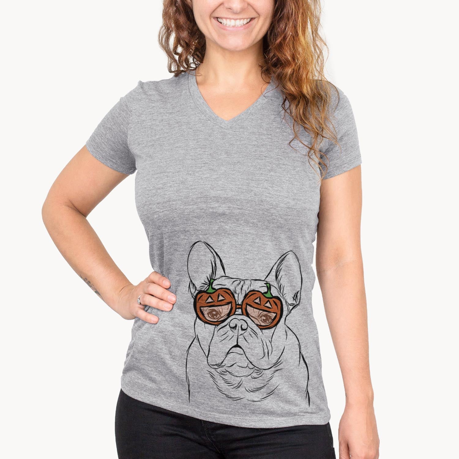 Hand-drawn sketch of Fudge the French Bulldog wearing pumpkin glasses on a Grey pumpkin collection