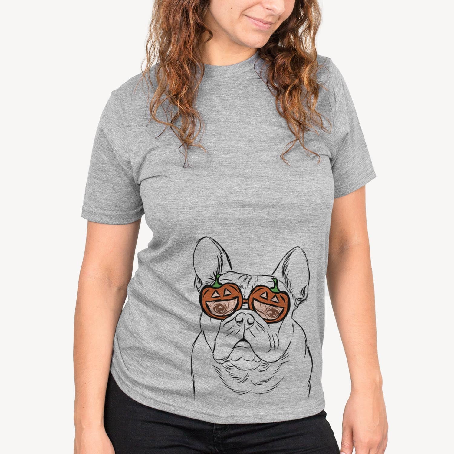Hand-drawn sketch of Fudge the French Bulldog wearing pumpkin glasses on a Grey pumpkin collection, on a hanger