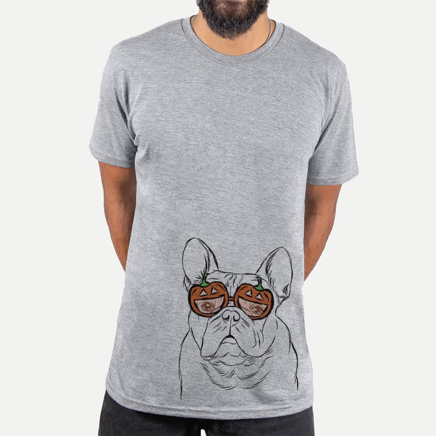 Hand-drawn sketch of Fudge the French Bulldog wearing pumpkin glasses on a Grey pumpkin collection, hanging on a wall