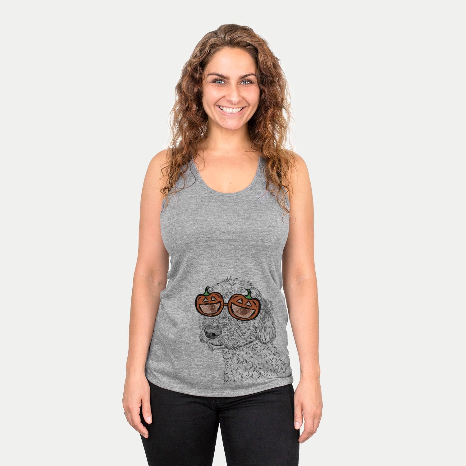 Hand-drawn sketch of Georgie Boy the Mixed Breed wearing pumpkin glasses on a Grey pumpkin collection