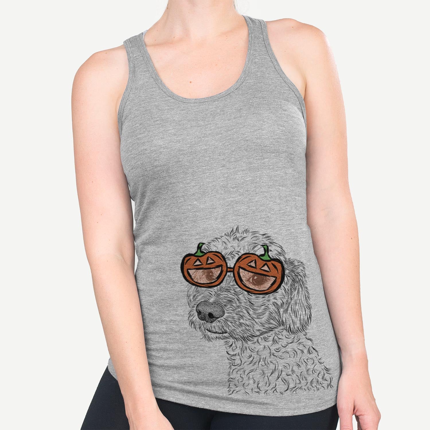 Hand-drawn sketch of Georgie Boy the Mixed Breed wearing pumpkin glasses on a Grey pumpkin collection
