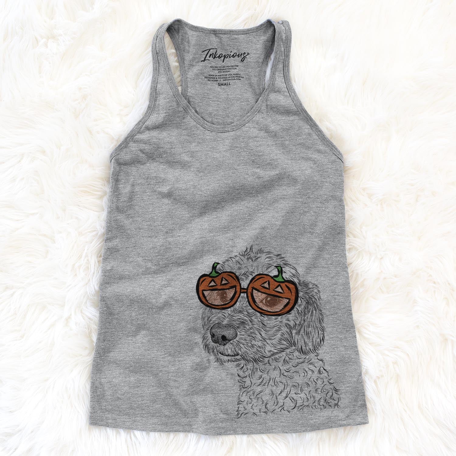 Hand-drawn sketch of Georgie Boy the Mixed Breed wearing pumpkin glasses on a Grey pumpkin collection