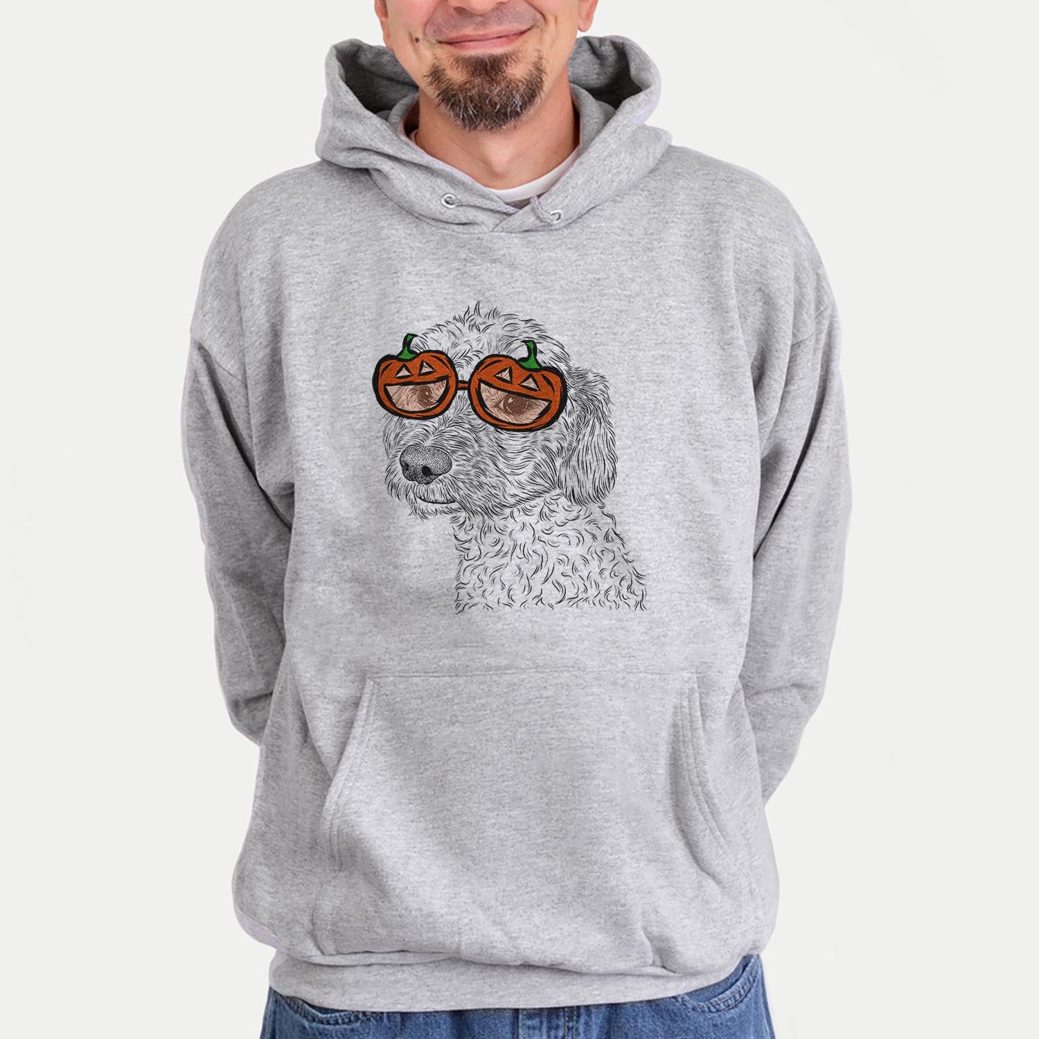 Hand-drawn sketch of Georgie Boy the Mixed Breed wearing pumpkin glasses on a Grey pumpkin collection, hanging on a wall
