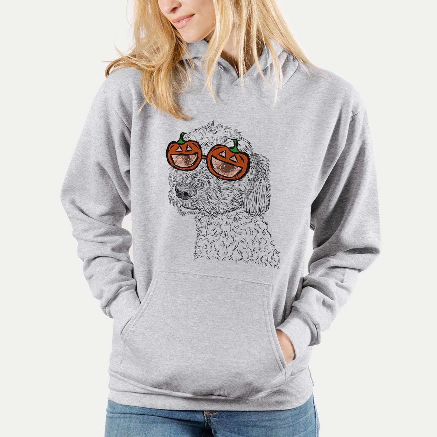 Hand-drawn sketch of Georgie Boy the Mixed Breed wearing pumpkin glasses on a Grey pumpkin collection