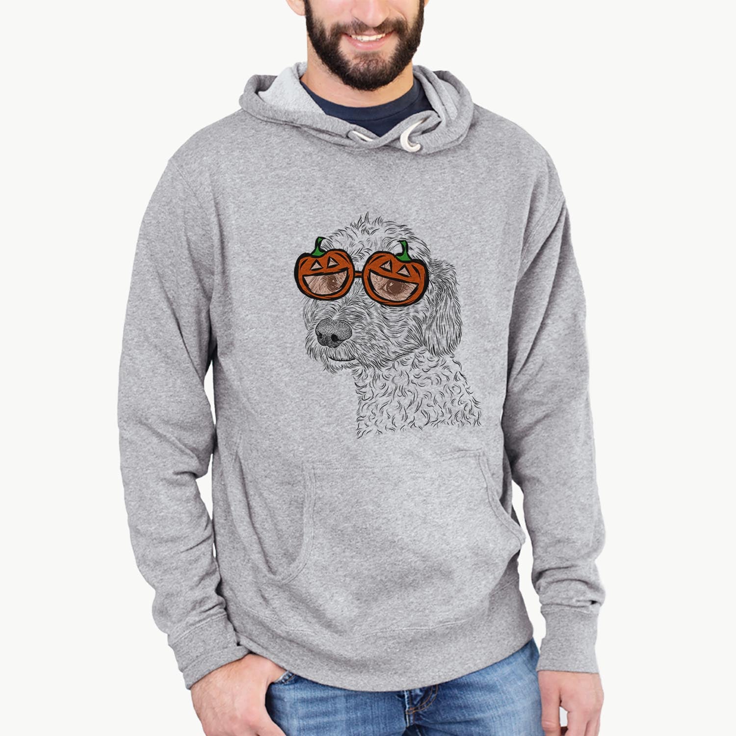 Hand-drawn sketch of Georgie Boy the Mixed Breed wearing pumpkin glasses on a Grey pumpkin collection