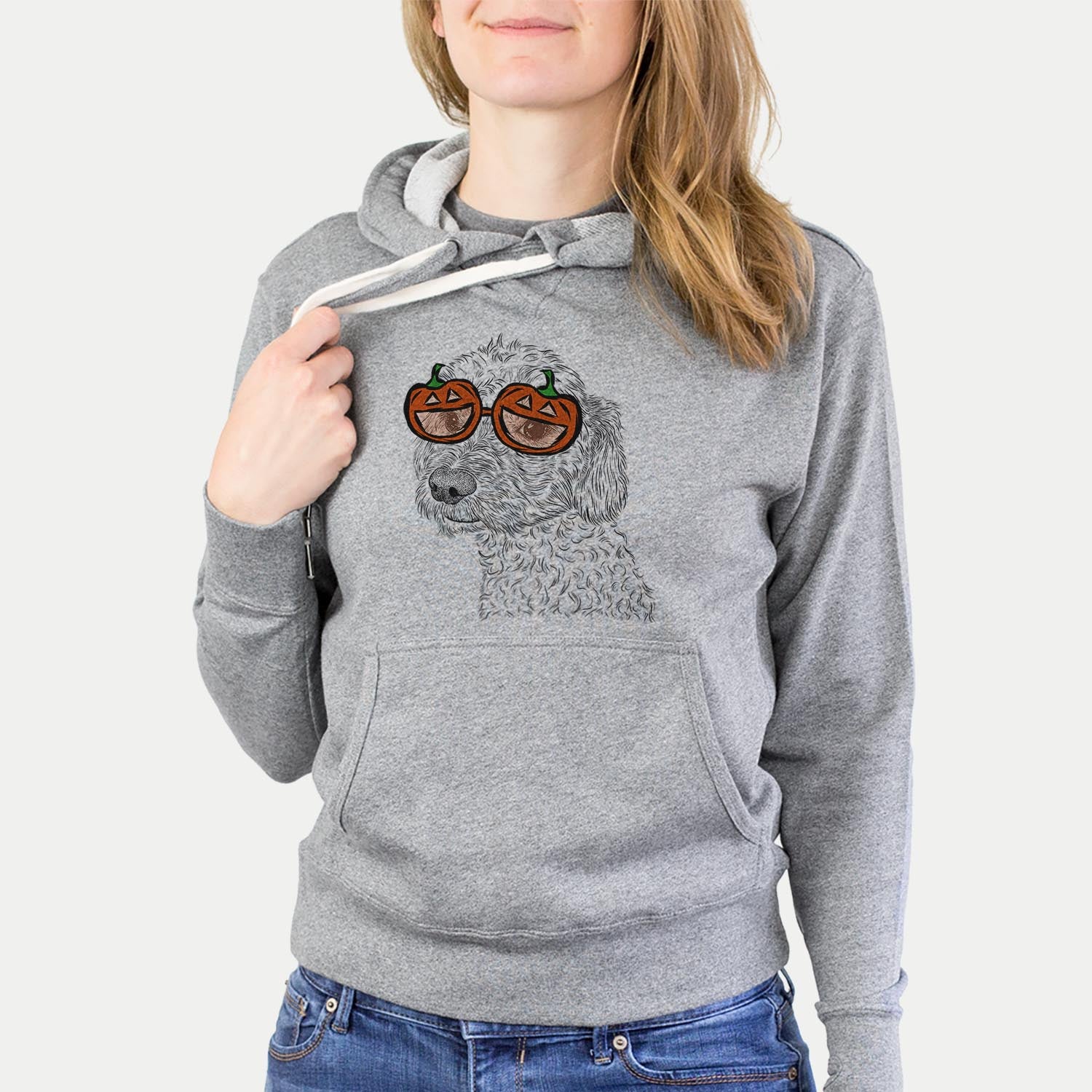 Hand-drawn sketch of Georgie Boy the Mixed Breed wearing pumpkin glasses on a Grey pumpkin collection, hanging on a wall