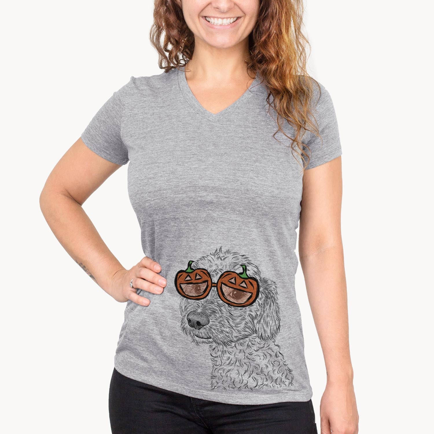 Hand-drawn sketch of Georgie Boy the Mixed Breed wearing pumpkin glasses on a Grey pumpkin collection