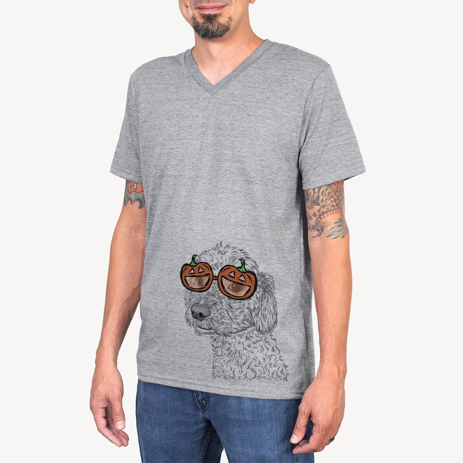 Hand-drawn sketch of Georgie Boy the Mixed Breed wearing pumpkin glasses on a Grey pumpkin collection