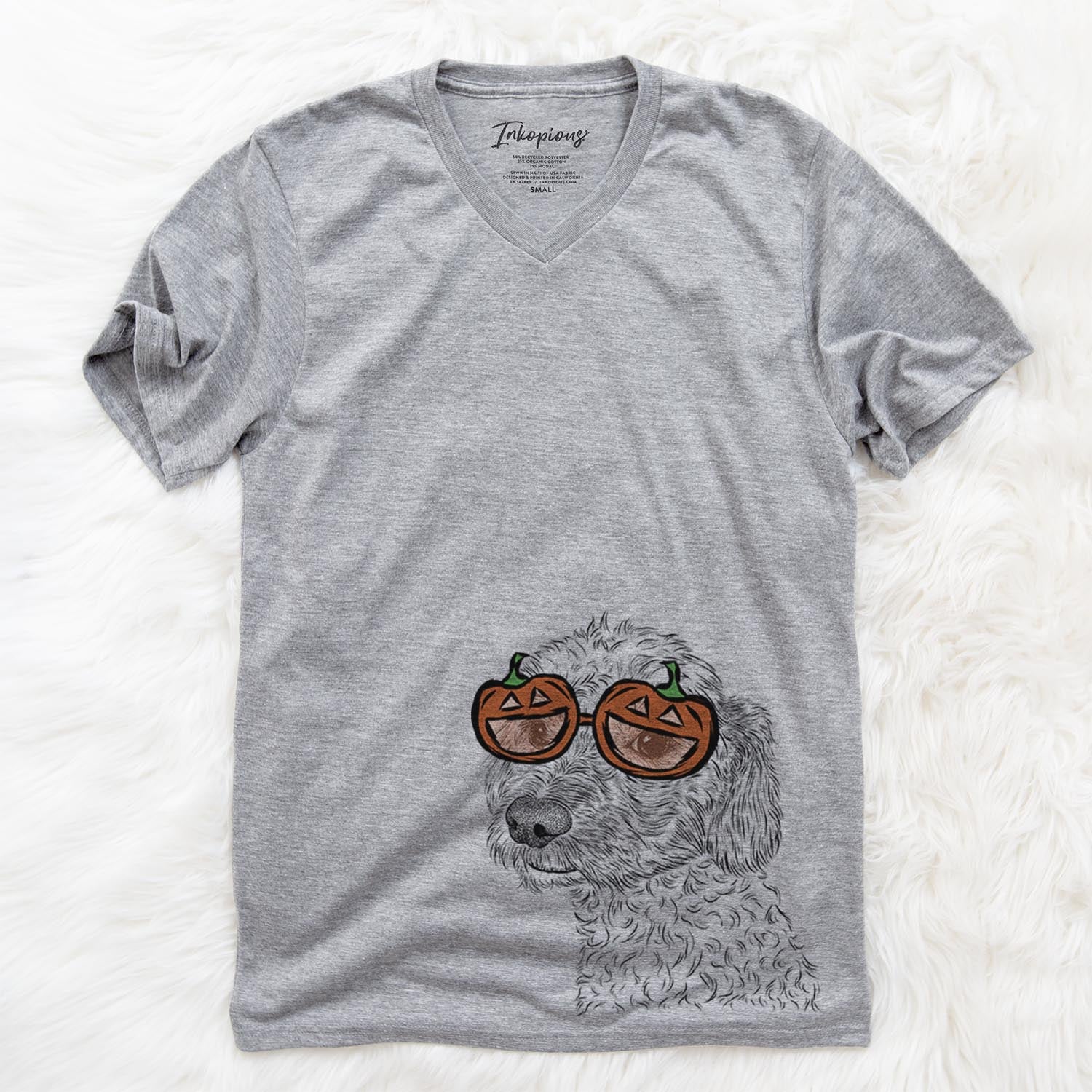 Hand-drawn sketch of Georgie Boy the Mixed Breed wearing pumpkin glasses on a Grey pumpkin collection