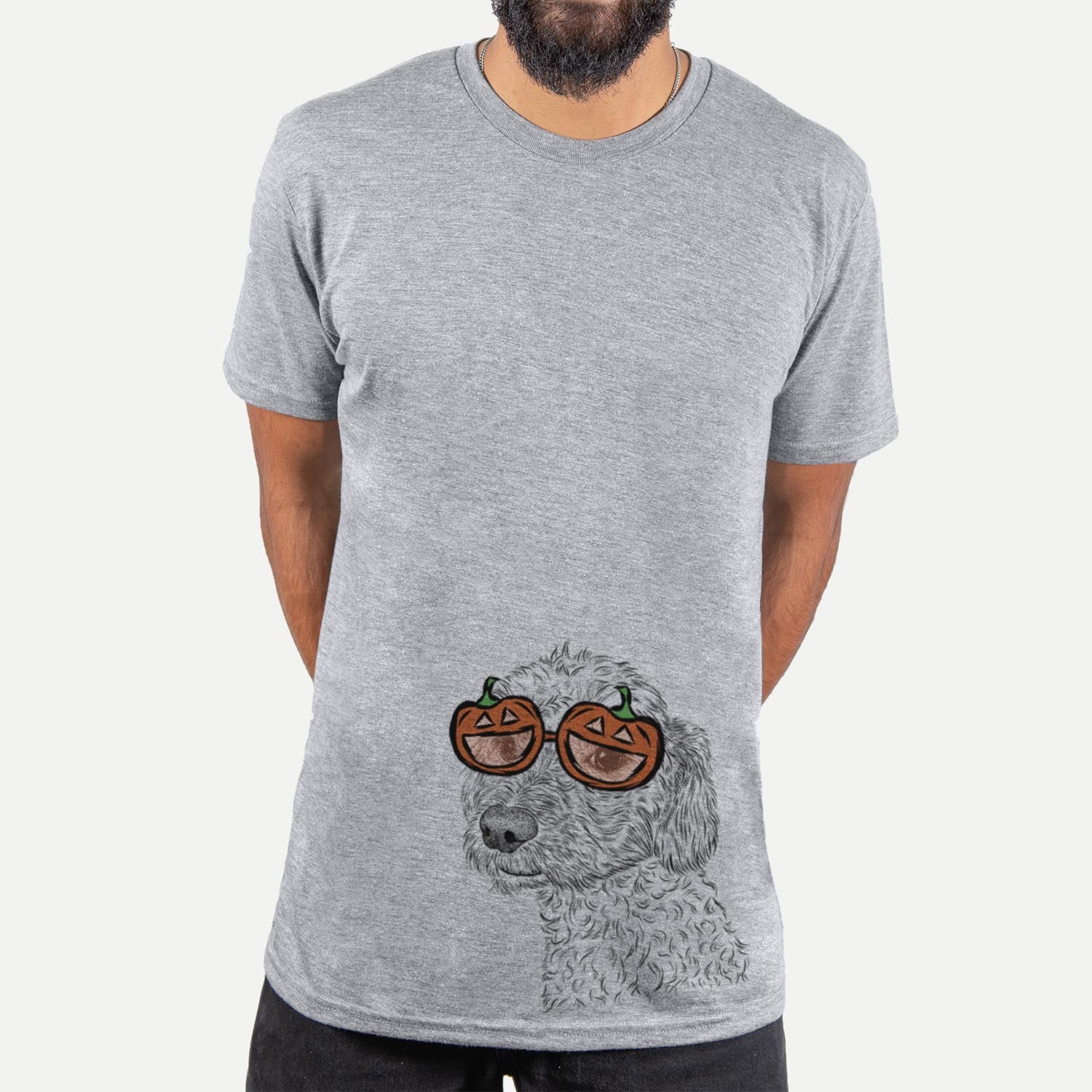 Hand-drawn sketch of Georgie Boy the Mixed Breed wearing pumpkin glasses on a Grey pumpkin collection, hanging on a wall