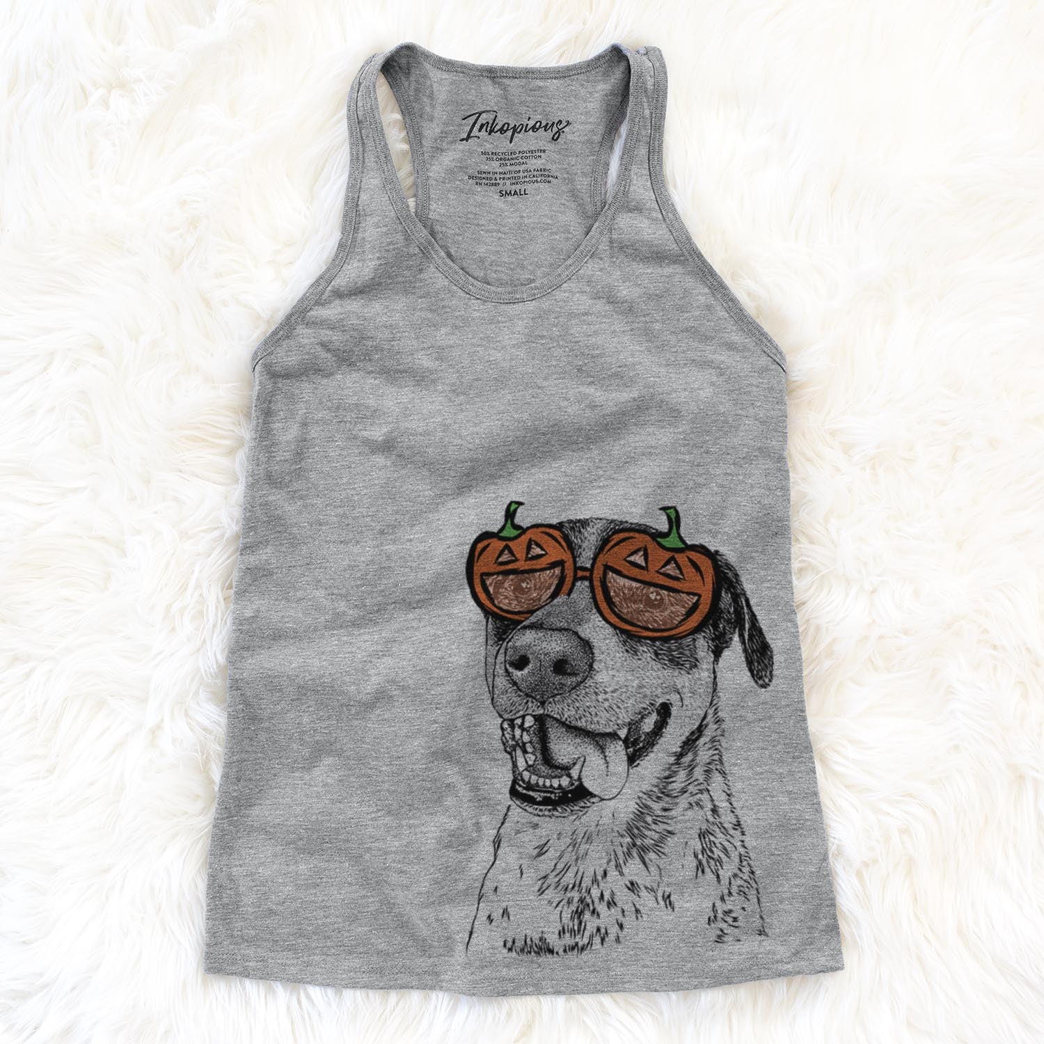Hand-drawn sketch of Gerti the Mixed Breed wearing pumpkin glasses on a Grey pumpkin collection