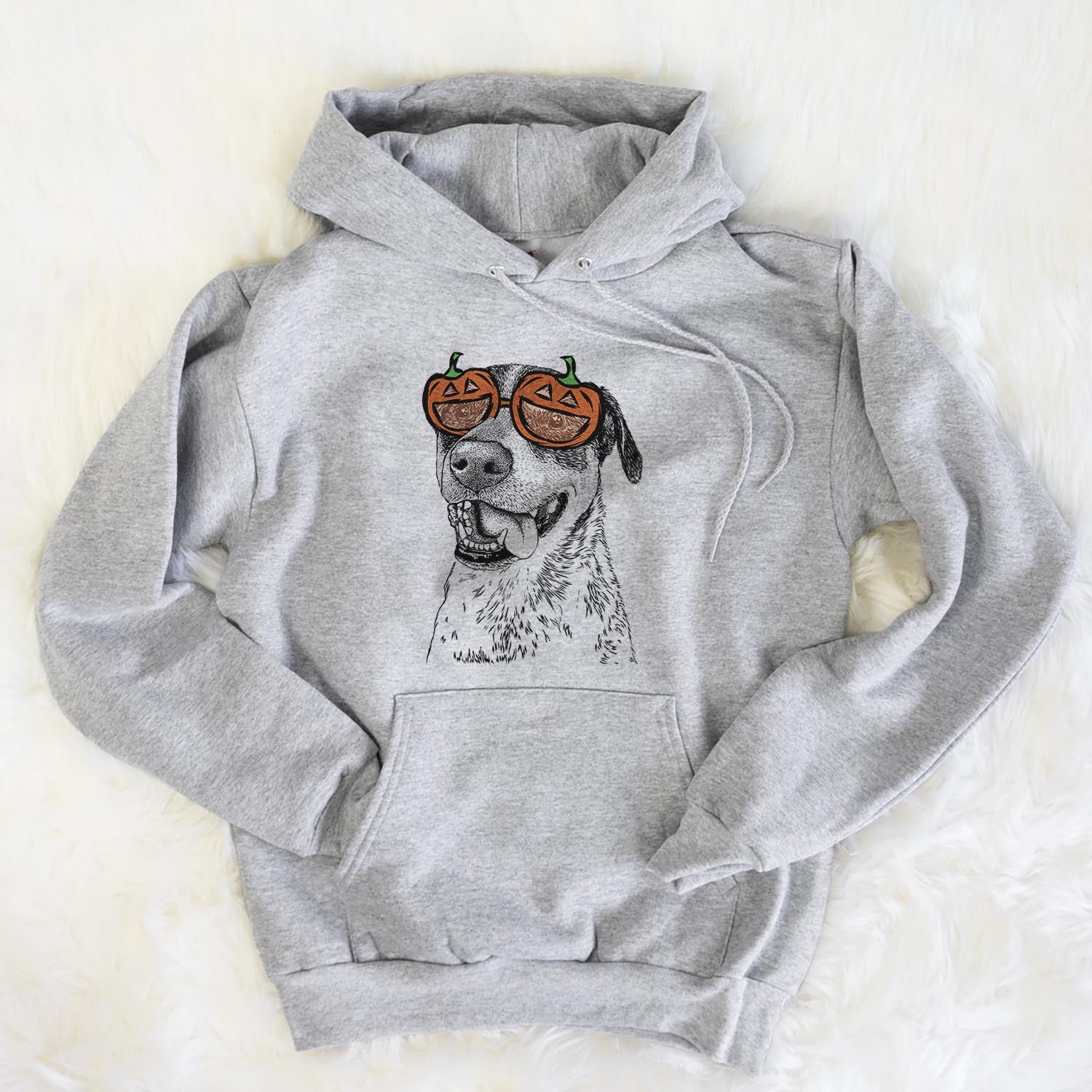 Hand-drawn sketch of Gerti the Mixed Breed wearing pumpkin glasses on a Grey pumpkin collection, flat lay