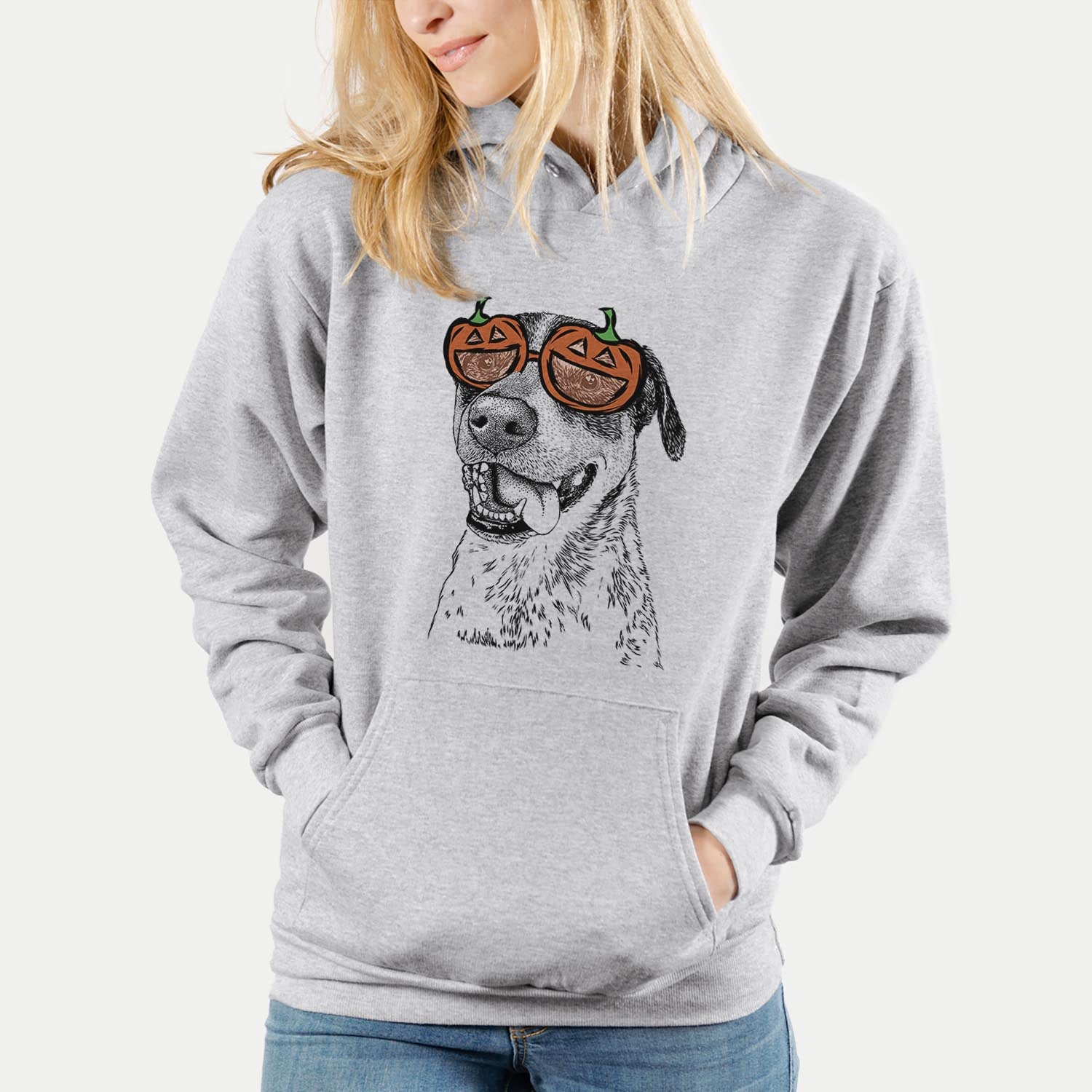 Hand-drawn sketch of Gerti the Mixed Breed wearing pumpkin glasses on a Grey pumpkin collection
