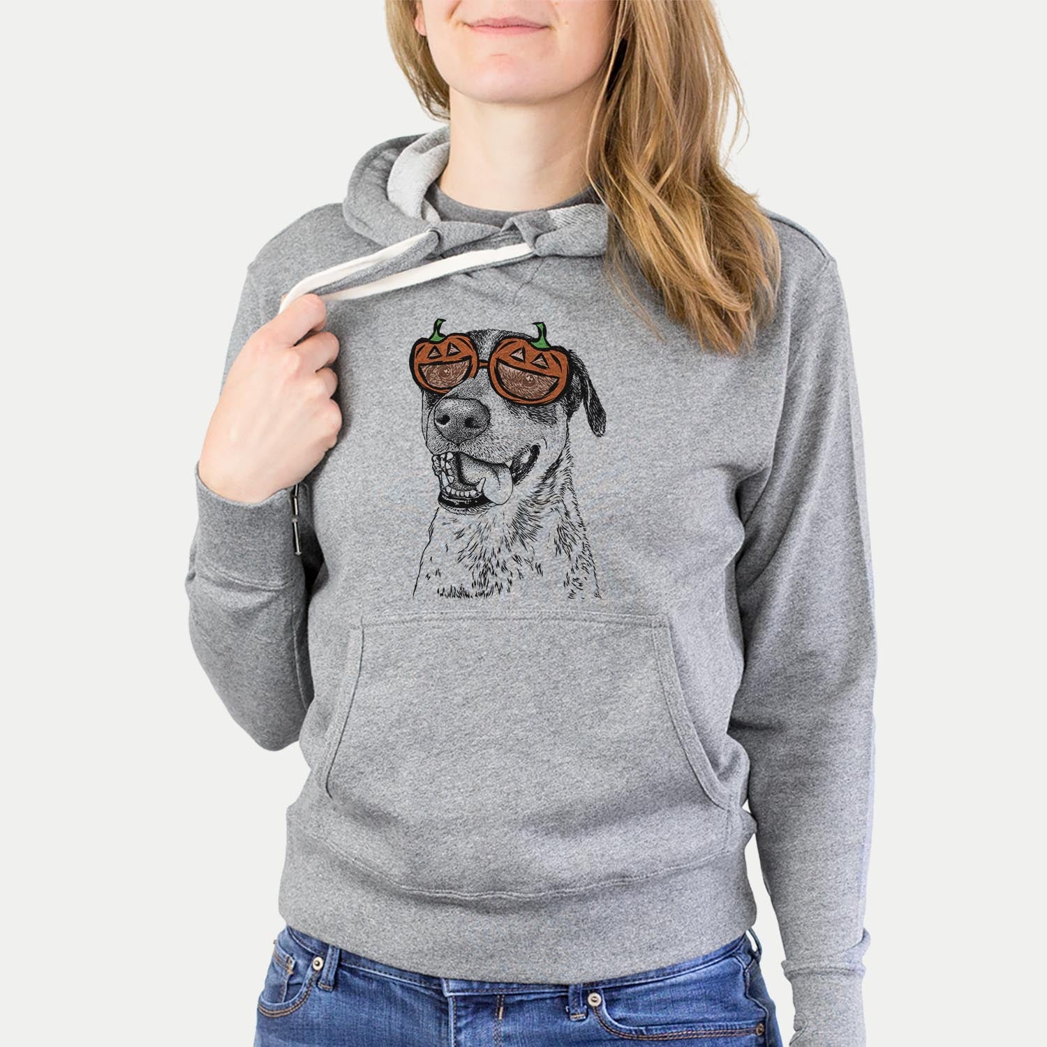 Hand-drawn sketch of Gerti the Mixed Breed wearing pumpkin glasses on a Grey pumpkin collection, hanging on a wall