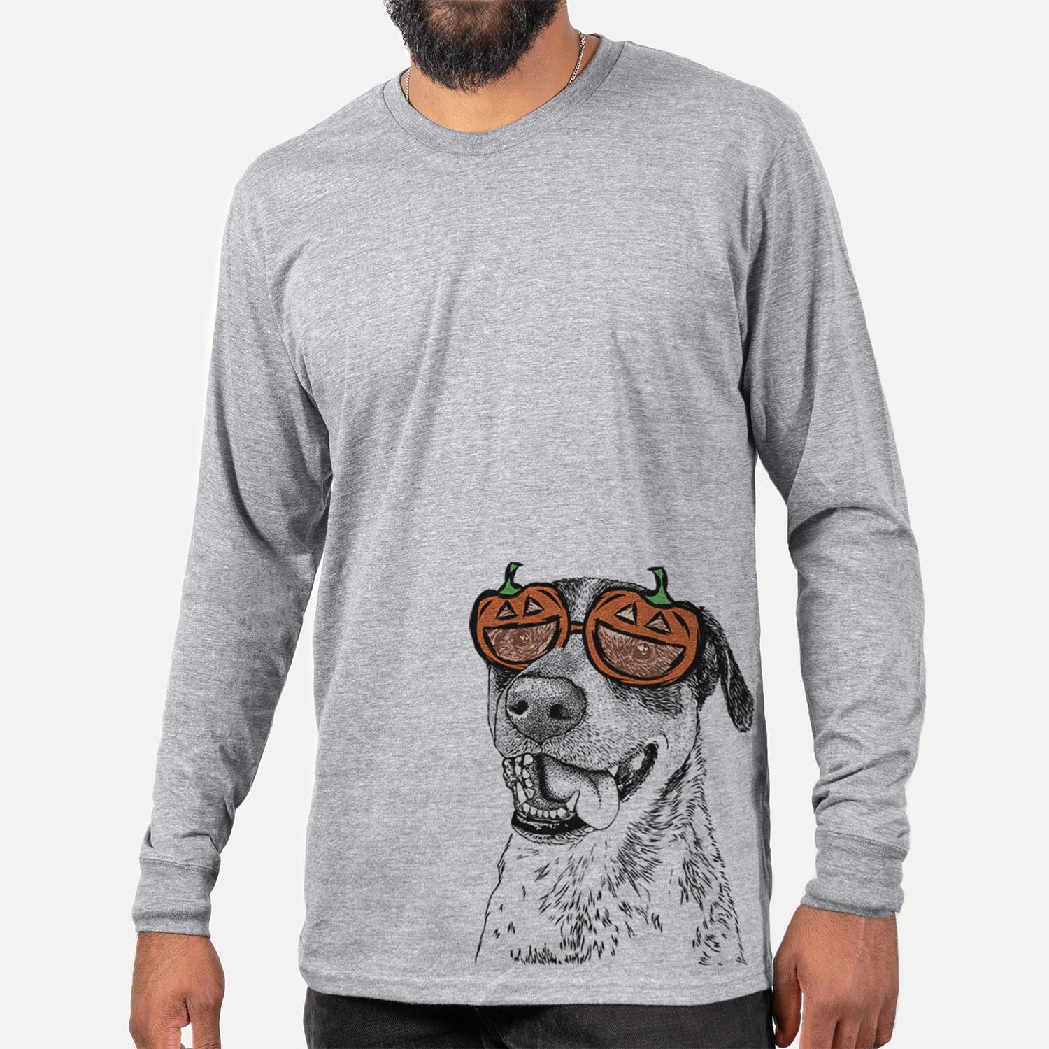Hand-drawn sketch of Gerti the Mixed Breed wearing pumpkin glasses on a Grey pumpkin collection, hanging on a wall
