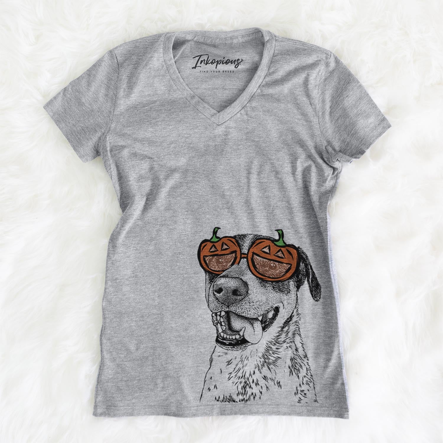 Hand-drawn sketch of Gerti the Mixed Breed wearing pumpkin glasses on a Grey pumpkin collection, on a hanger