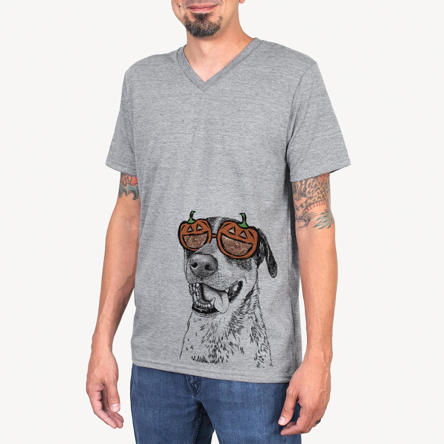 Hand-drawn sketch of Gerti the Mixed Breed wearing pumpkin glasses on a Grey pumpkin collection