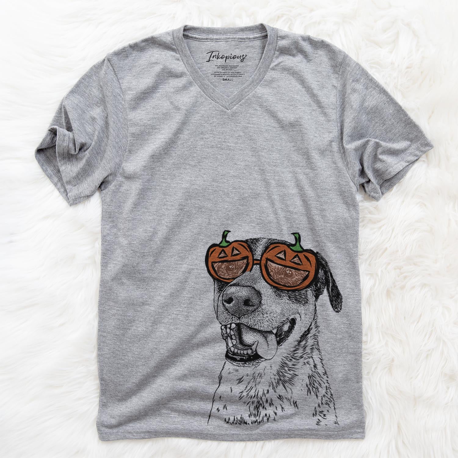 Hand-drawn sketch of Gerti the Mixed Breed wearing pumpkin glasses on a Grey pumpkin collection