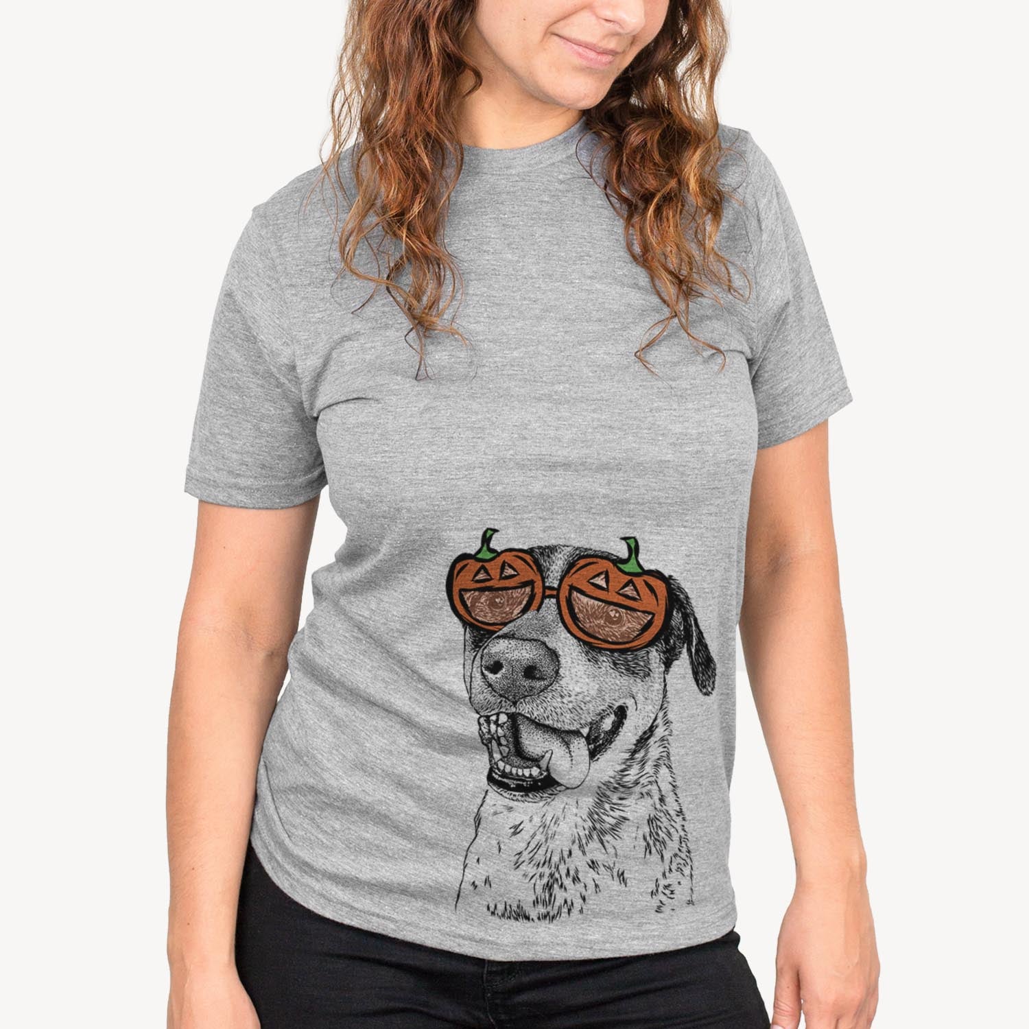 Hand-drawn sketch of Gerti the Mixed Breed wearing pumpkin glasses on a Grey pumpkin collection, on a hanger