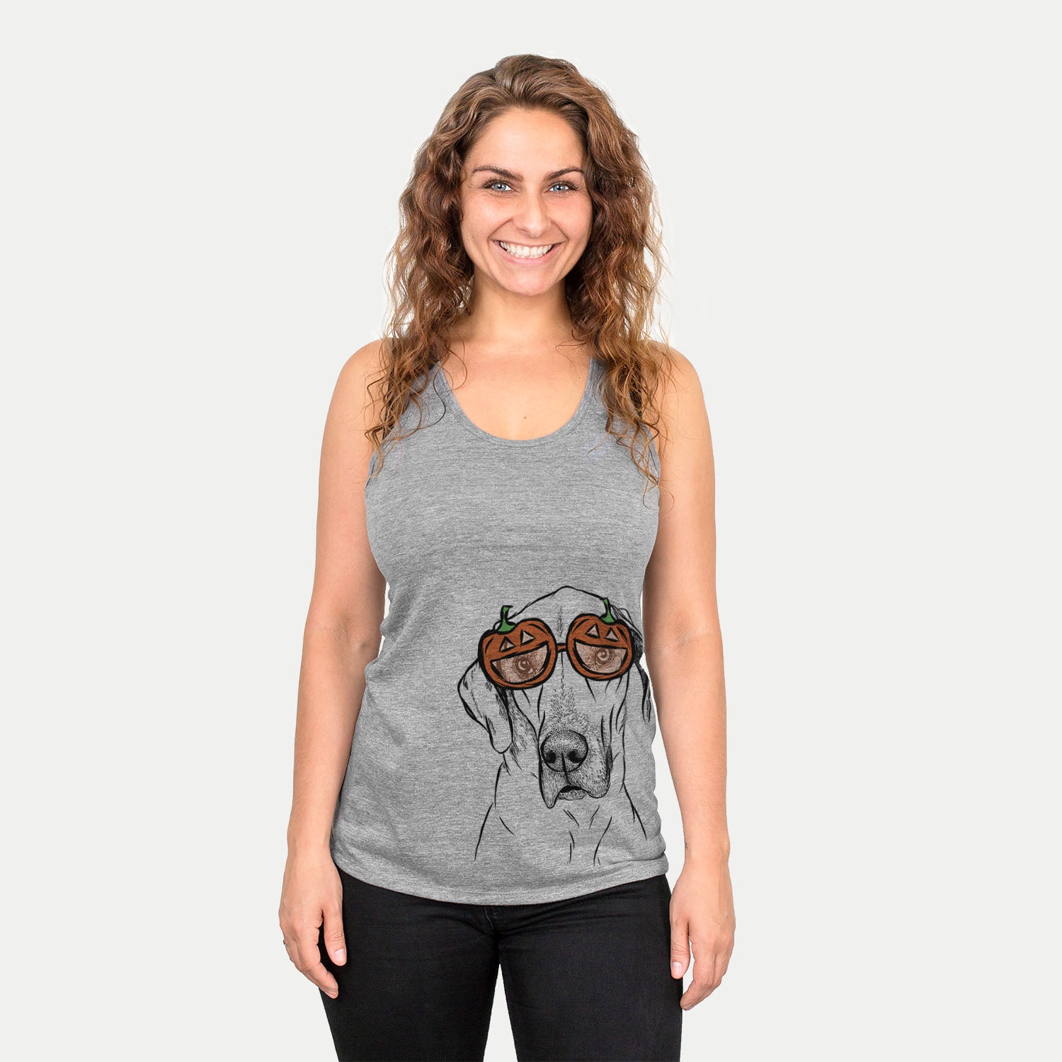 Hand-drawn sketch of Gracie the Great Dane wearing pumpkin glasses on a Grey pumpkin collection