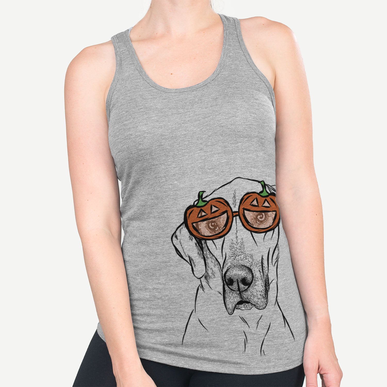 Hand-drawn sketch of Gracie the Great Dane wearing pumpkin glasses on a Grey pumpkin collection
