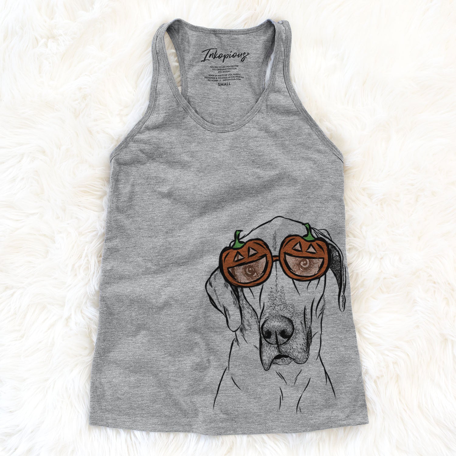 Hand-drawn sketch of Gracie the Great Dane wearing pumpkin glasses on a Grey pumpkin collection