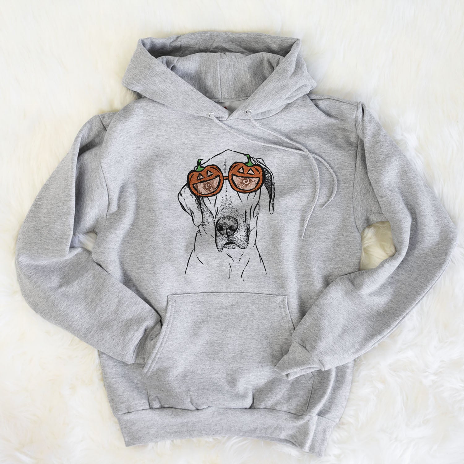 Hand-drawn sketch of Gracie the Great Dane wearing pumpkin glasses on a Grey pumpkin collection, flat lay