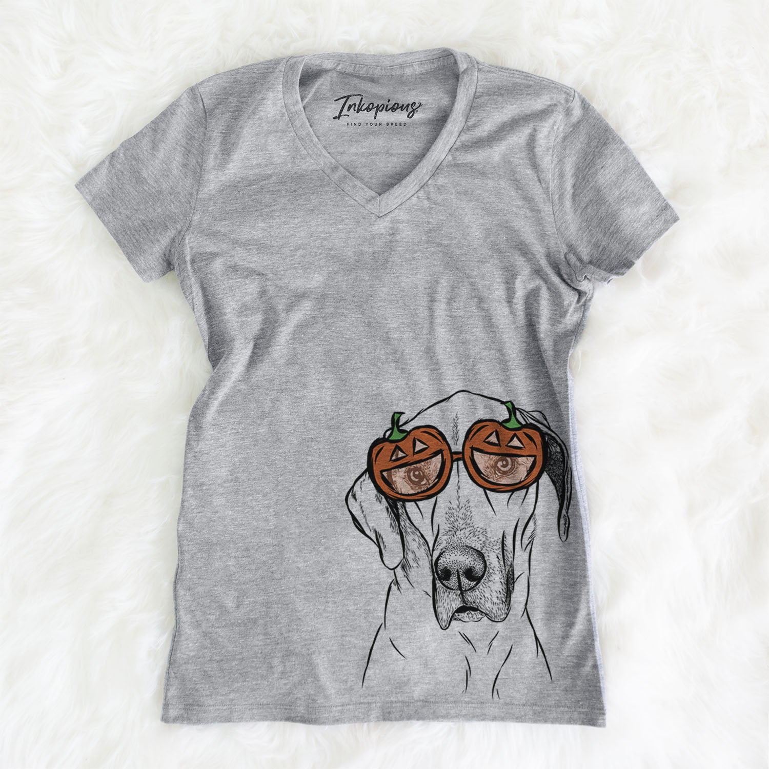 Hand-drawn sketch of Gracie the Great Dane wearing pumpkin glasses on a Grey pumpkin collection, on a hanger
