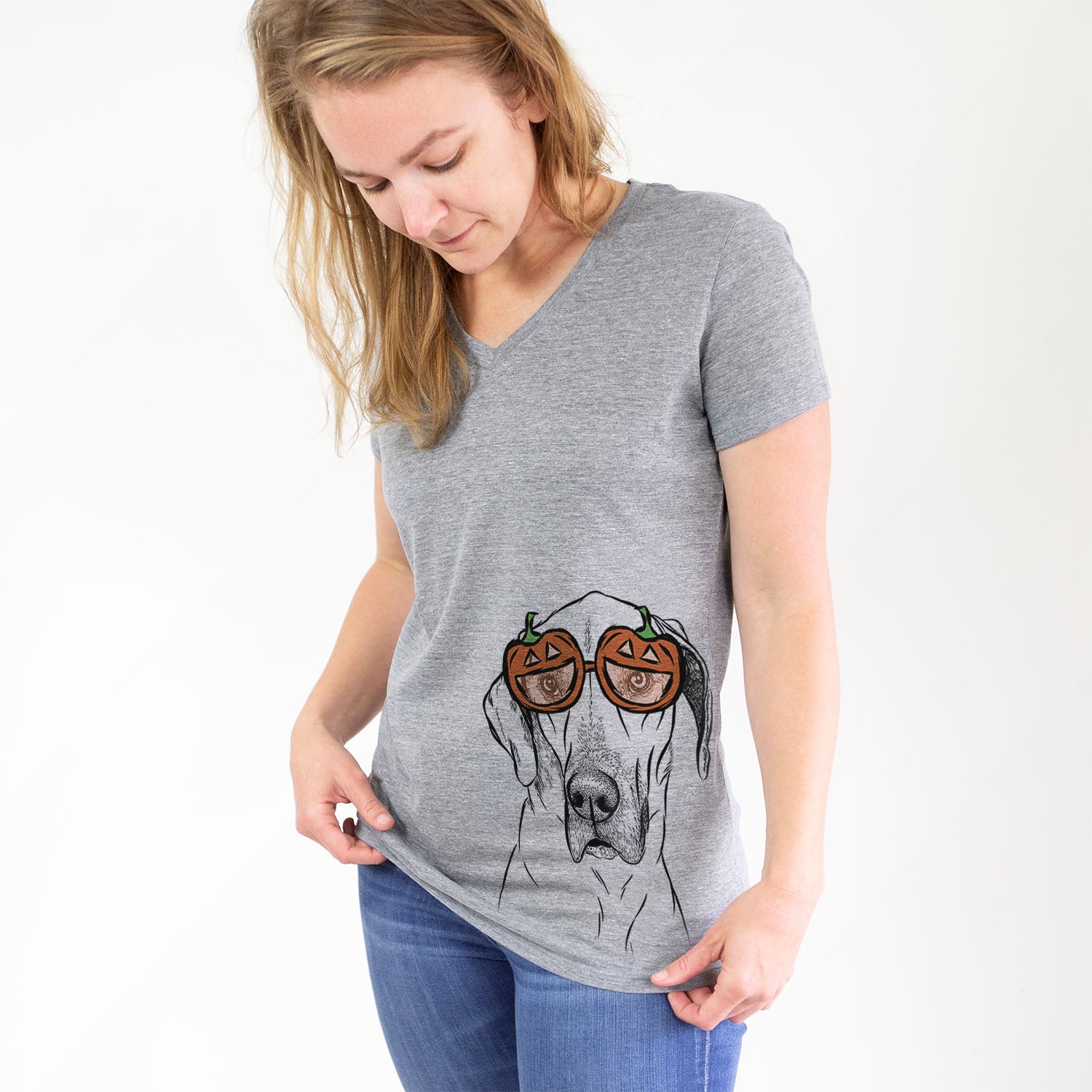 Hand-drawn sketch of Gracie the Great Dane wearing pumpkin glasses on a Grey pumpkin collection