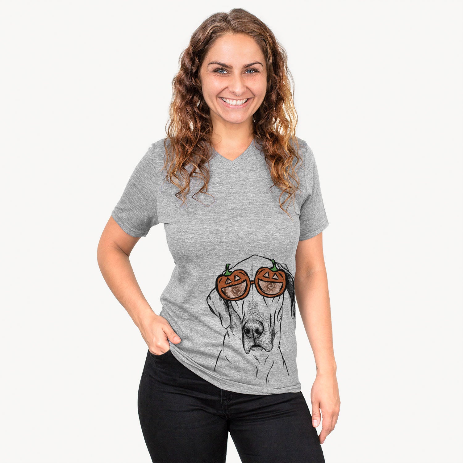 Hand-drawn sketch of Gracie the Great Dane wearing pumpkin glasses on a Grey pumpkin collection