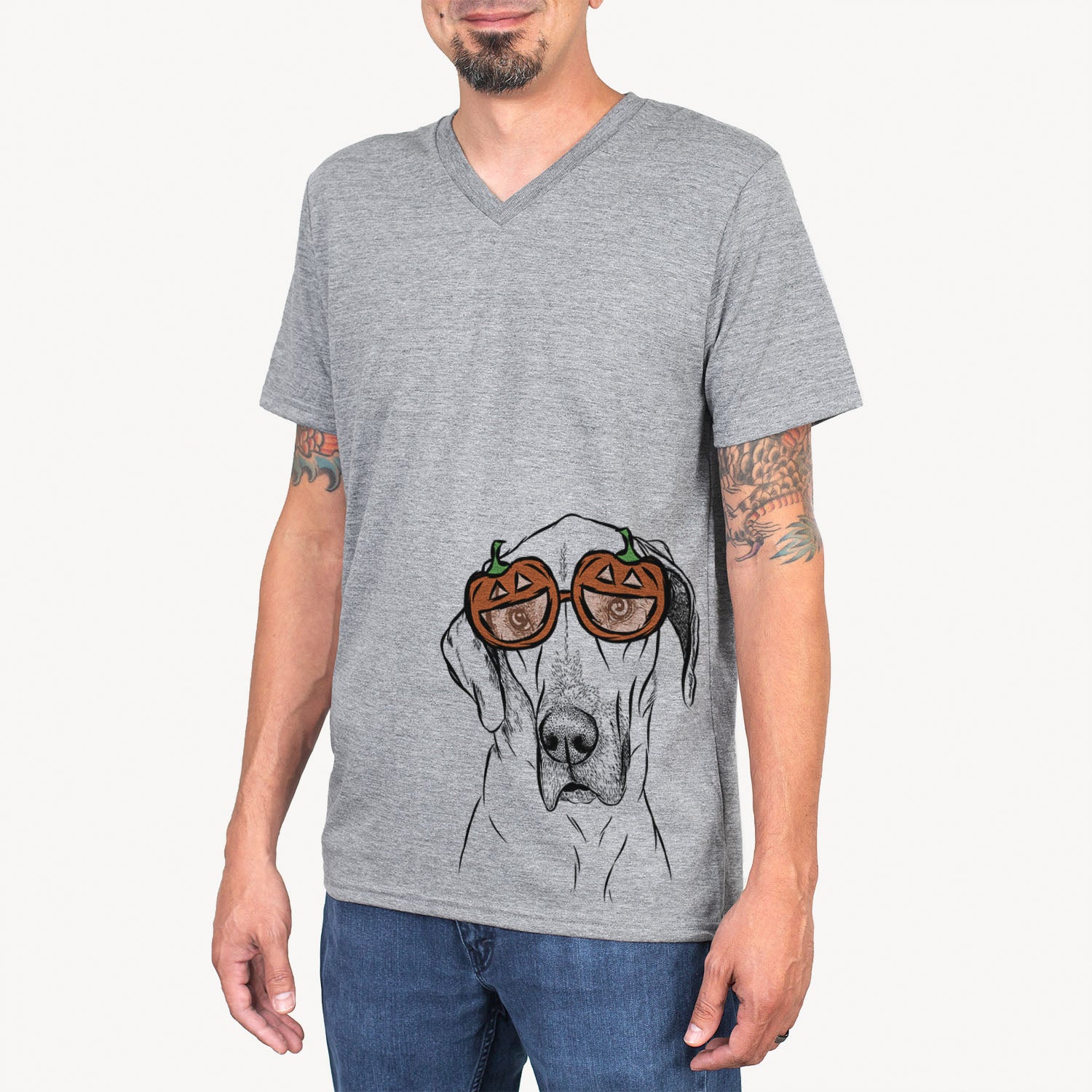 Hand-drawn sketch of Gracie the Great Dane wearing pumpkin glasses on a Grey pumpkin collection