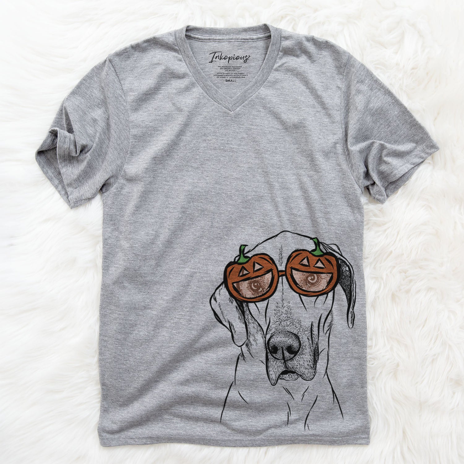 Hand-drawn sketch of Gracie the Great Dane wearing pumpkin glasses on a Grey pumpkin collection