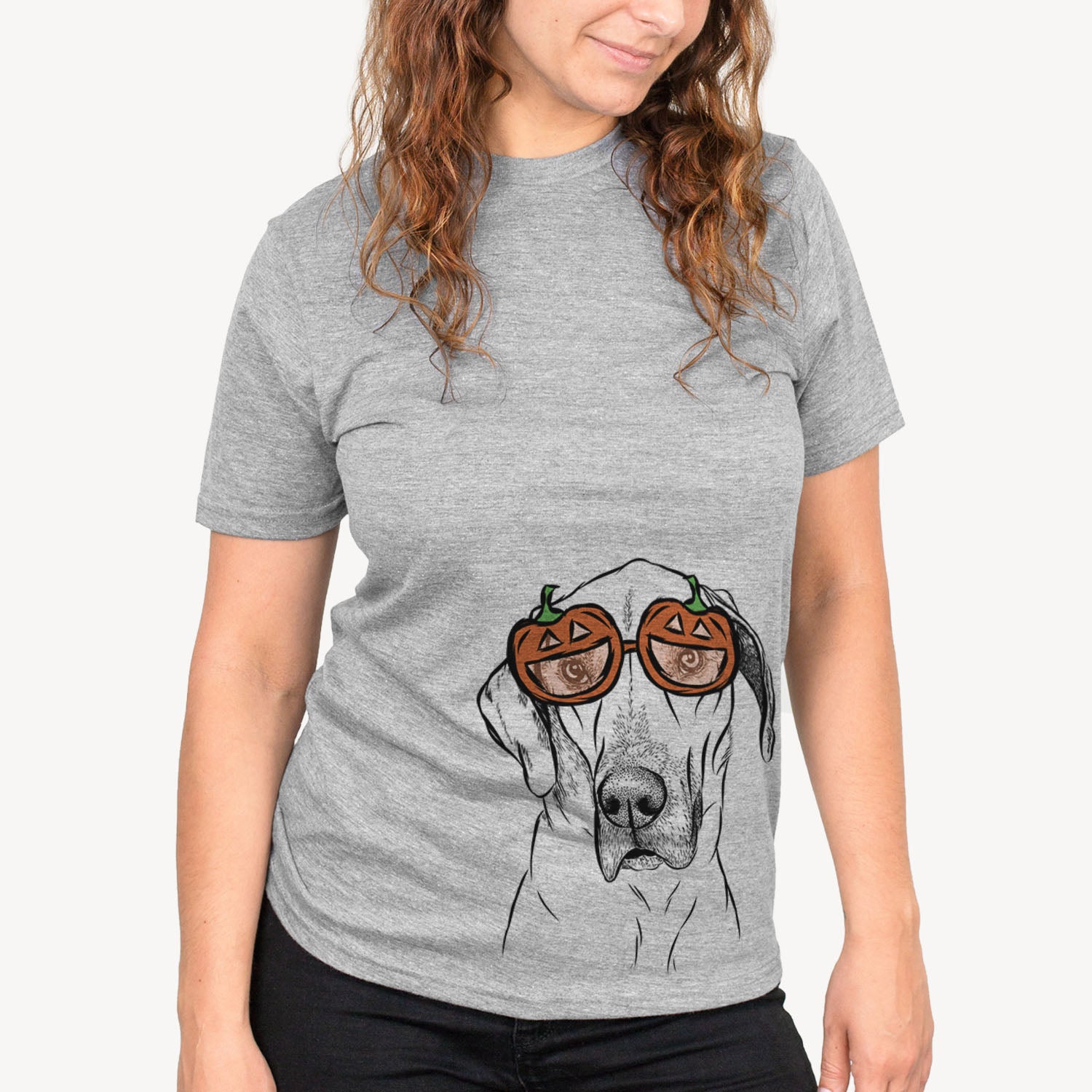 Hand-drawn sketch of Gracie the Great Dane wearing pumpkin glasses on a Grey pumpkin collection, on a hanger