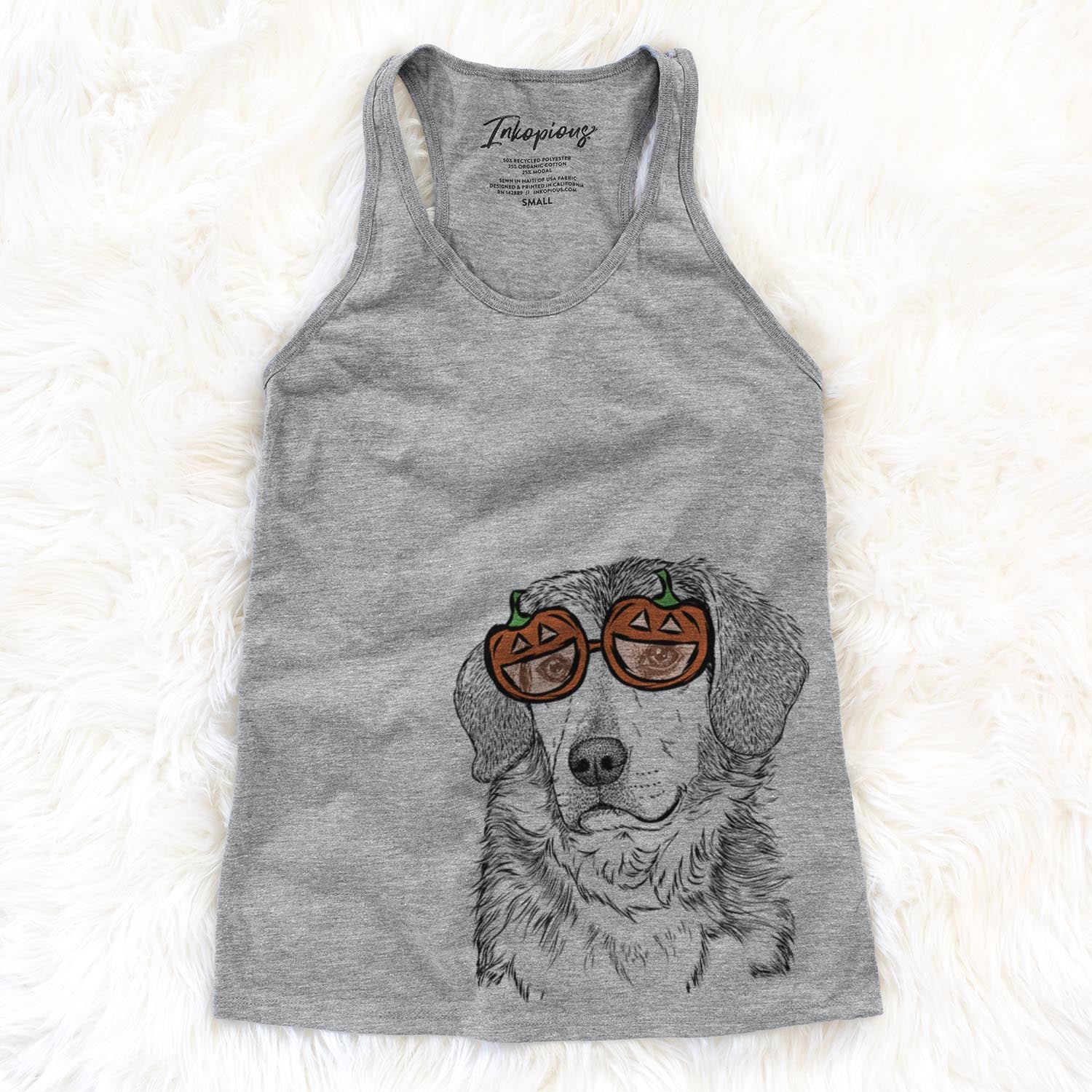 Hand-drawn sketch of Gunner the Mixed Breed wearing pumpkin glasses on a Gunner Mix pumpkin collection