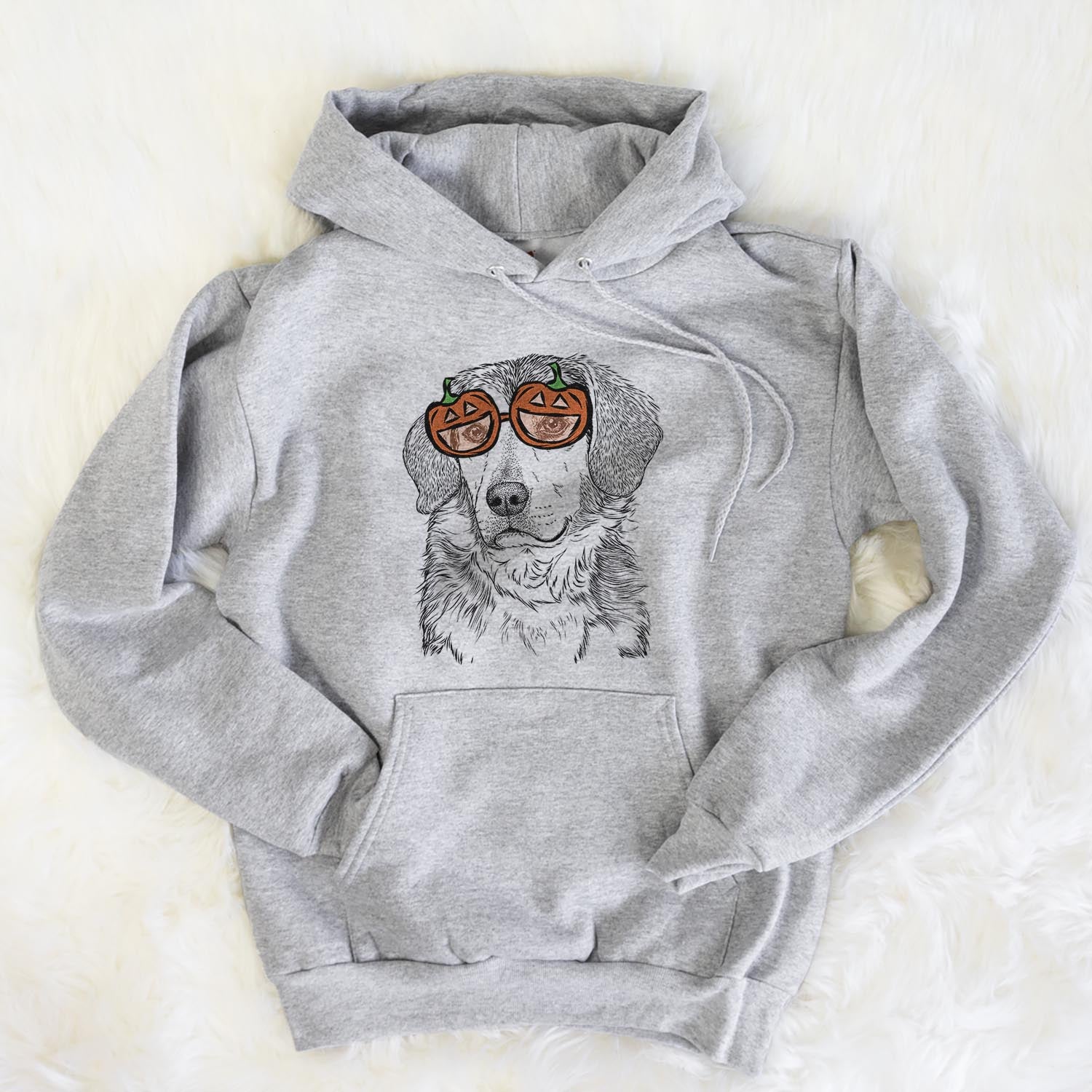 Hand-drawn sketch of Gunner the Mixed Breed wearing pumpkin glasses on a Gunner Mix pumpkin collection, flat lay