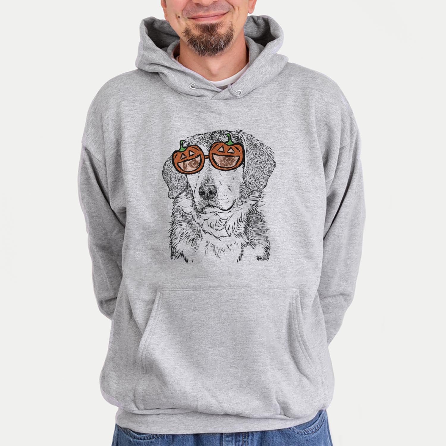 Hand-drawn sketch of Gunner the Mixed Breed wearing pumpkin glasses on a Gunner Mix pumpkin collection, hanging on a wall
