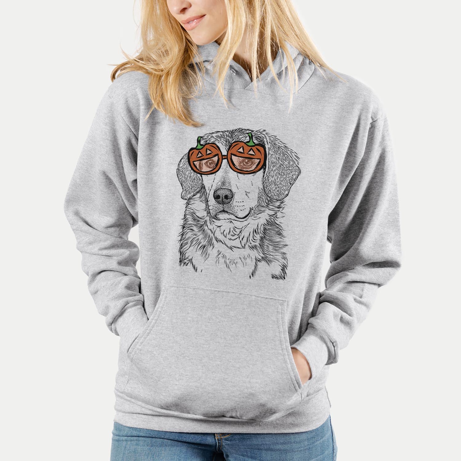 Hand-drawn sketch of Gunner the Mixed Breed wearing pumpkin glasses on a Gunner Mix pumpkin collection